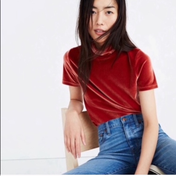 Madewell Velvet Mockneck Shirt in Rust - Picture 2 of 5
